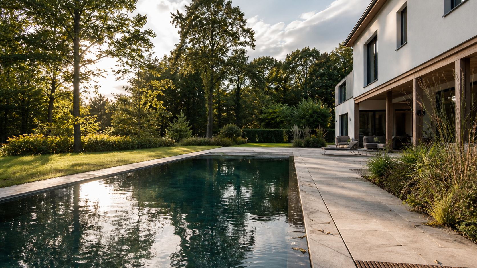 Langer Überlaufpool vor einem hellen Wohnhaus am Waldrand mit Natursteinterrasse im Abendlicht